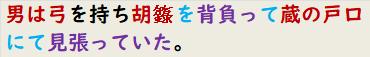 男は弓を持ち胡?を背負って蔵の戸口にて見張っていた。
