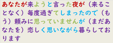 あなたが来ようと言った夜が（来ることなく）毎度過ぎてしまったので（もう）頼みに思っていませんが（まだあなたを）恋しく思いながら暮らしております　