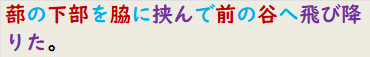 蔀の下部を脇に挟んで前の谷へ飛び降りた。