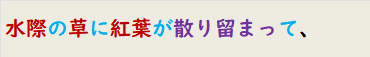 水際の草に紅葉が散り留まって、